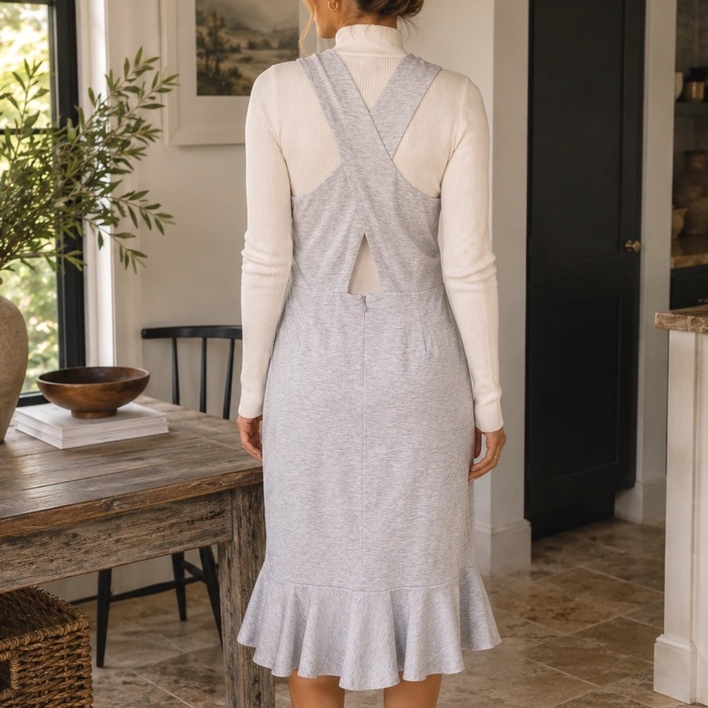 Banana Republic Gray Cross Back Ruffle Hem Midi Dress Tall 12 Jersey A8